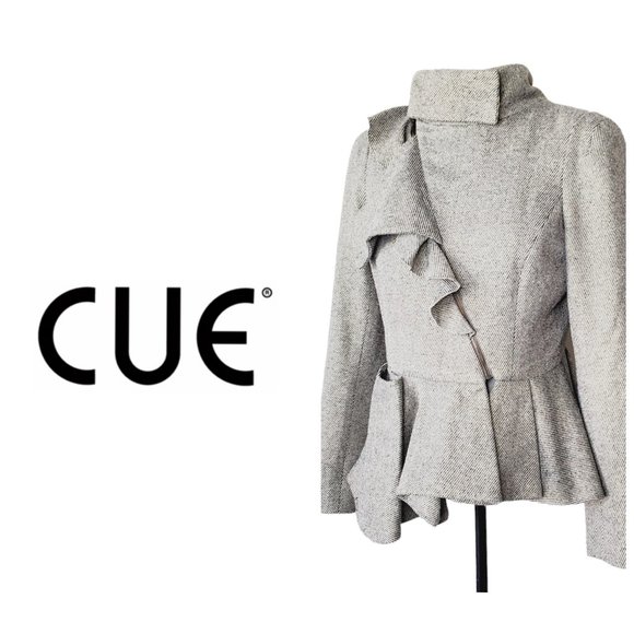 Cue Australia Blazer Jacket Italian Wool Tweed Gold Shimmer Ruffle Preppy 12 - Picture 1 of 14